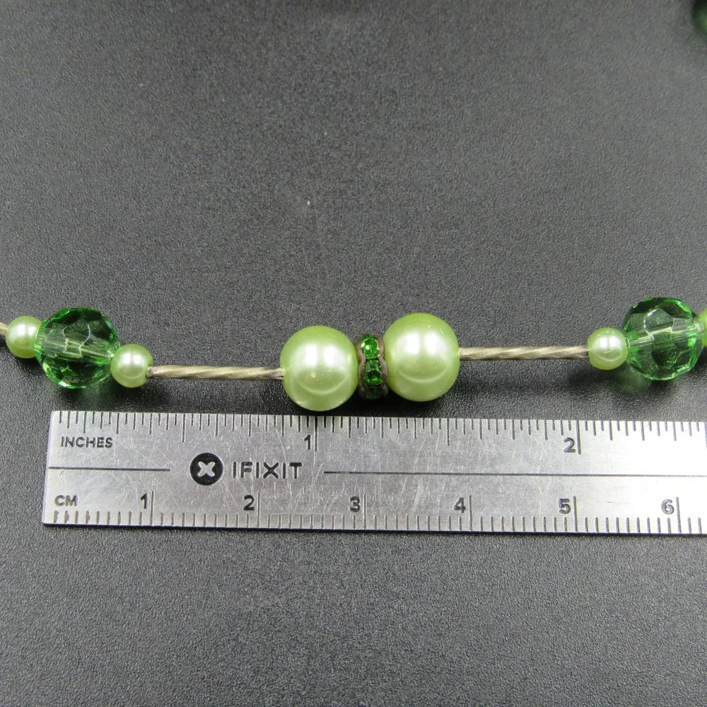 18 Inch Sterling Silver Green Crystal And Faux Pearl Necklace - Picture 3 of 4